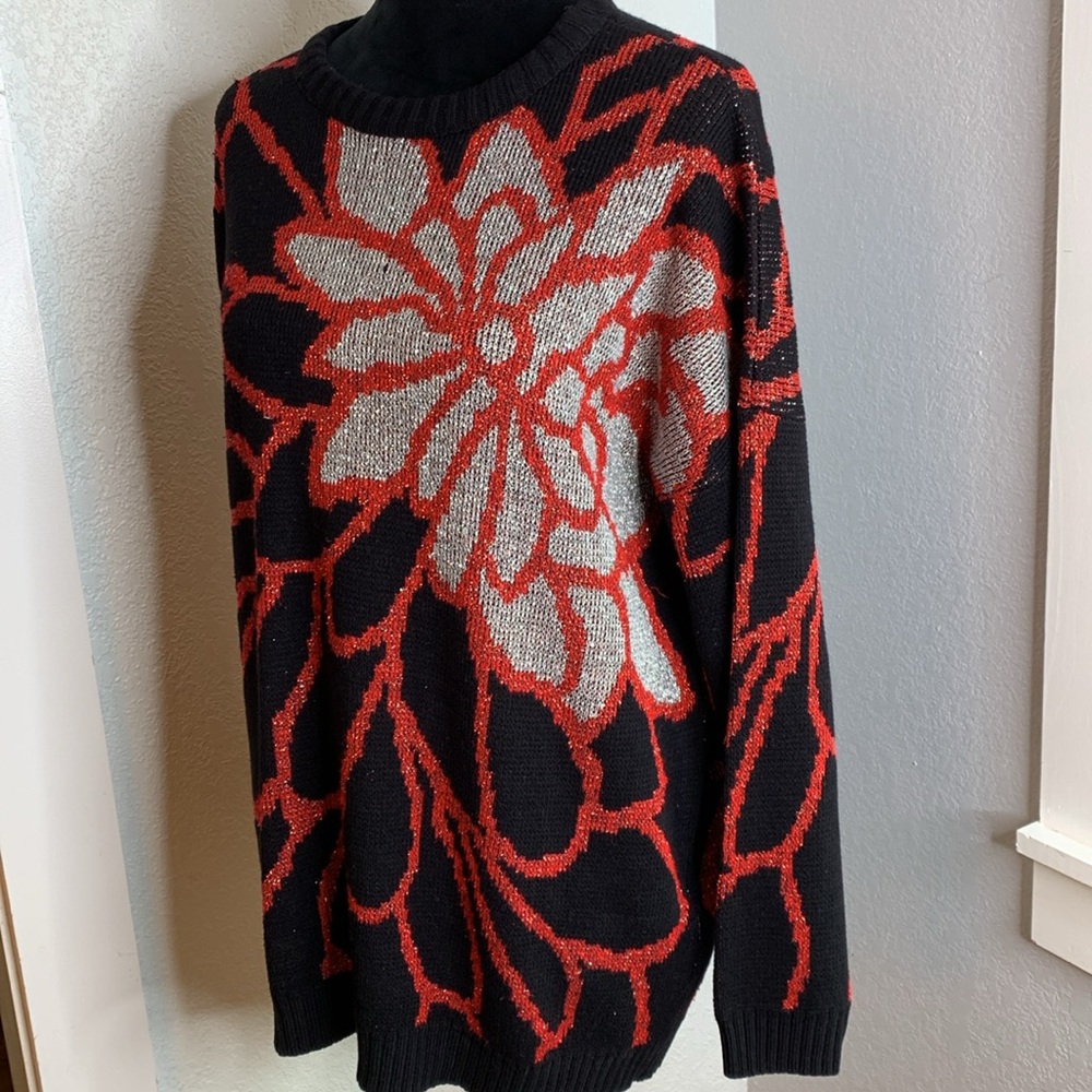 Vintage Distinctly Different Oversized Floral Sweater Red Black 22W glam 80s